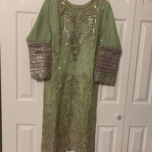 Embellished Green & Purple Indian Pakistani Dress with Palazzo Pants & Dupatta